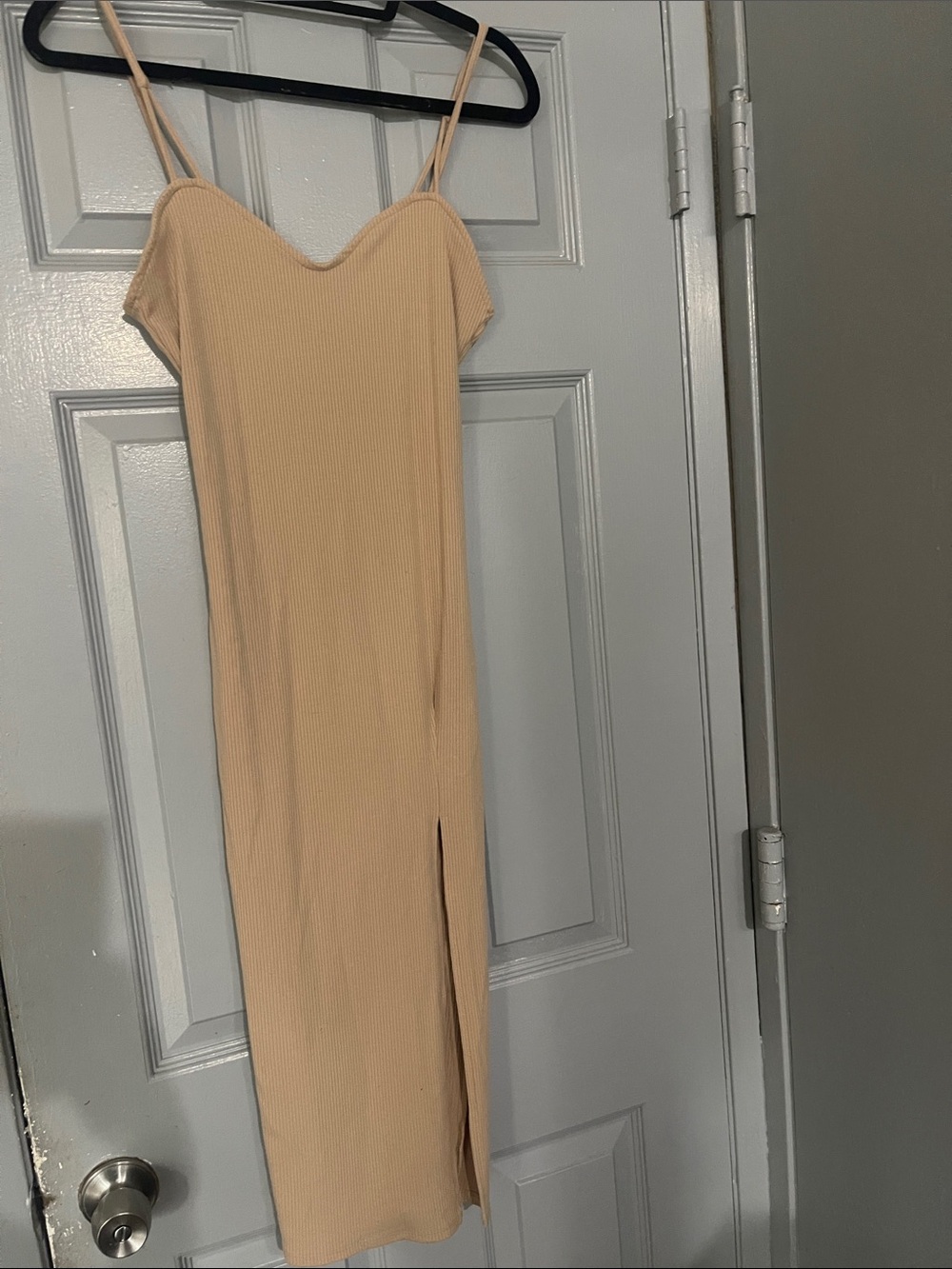 Forever 21 Neutral Beige Ribbed Spaghetti-Strap Midi Dress